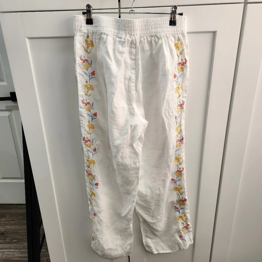 Calypso St. Barth White Linen Pants with Floral Embroidery Beach Size Small